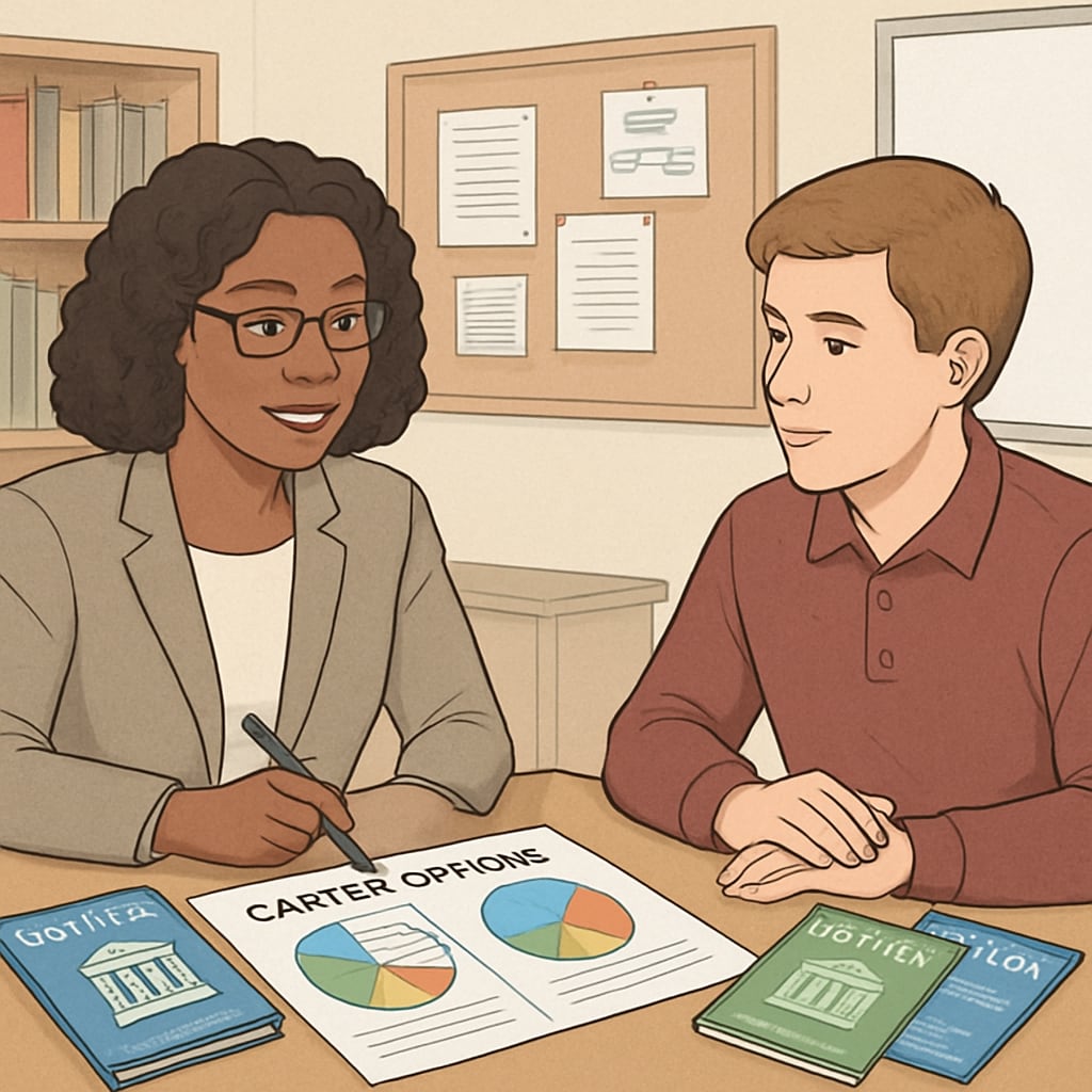 Career counselor advising a high school student about college major selection and career planning.