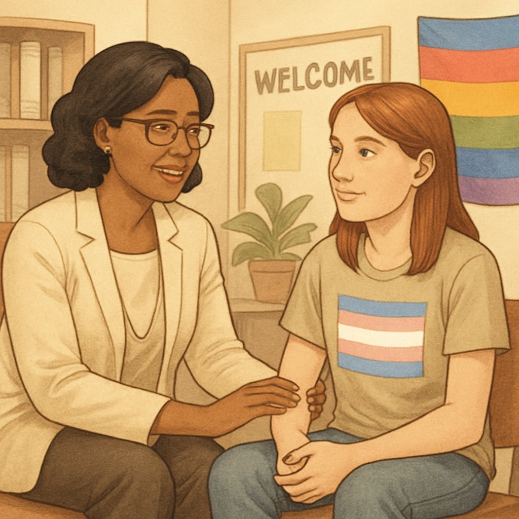 School counselor supporting a transgender student in an inclusive setting.