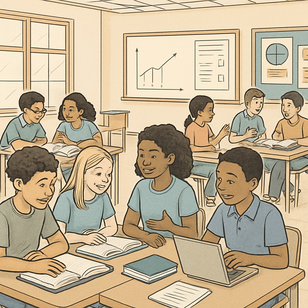 A classroom filled with diverse students engaged in active, collaborative learning, symbolizing varied high-efficiency learning methods. Students in a classroom using high-efficiency learning methods.