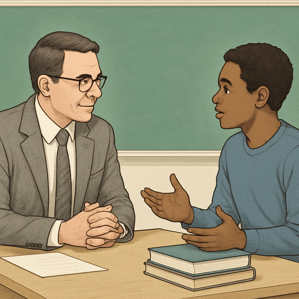 A teacher and student sharing a meaningful conversation after class, symbolizing mutual respect and gratitude. A teacher and student in conversation, representing student gratitude and teacher influence.