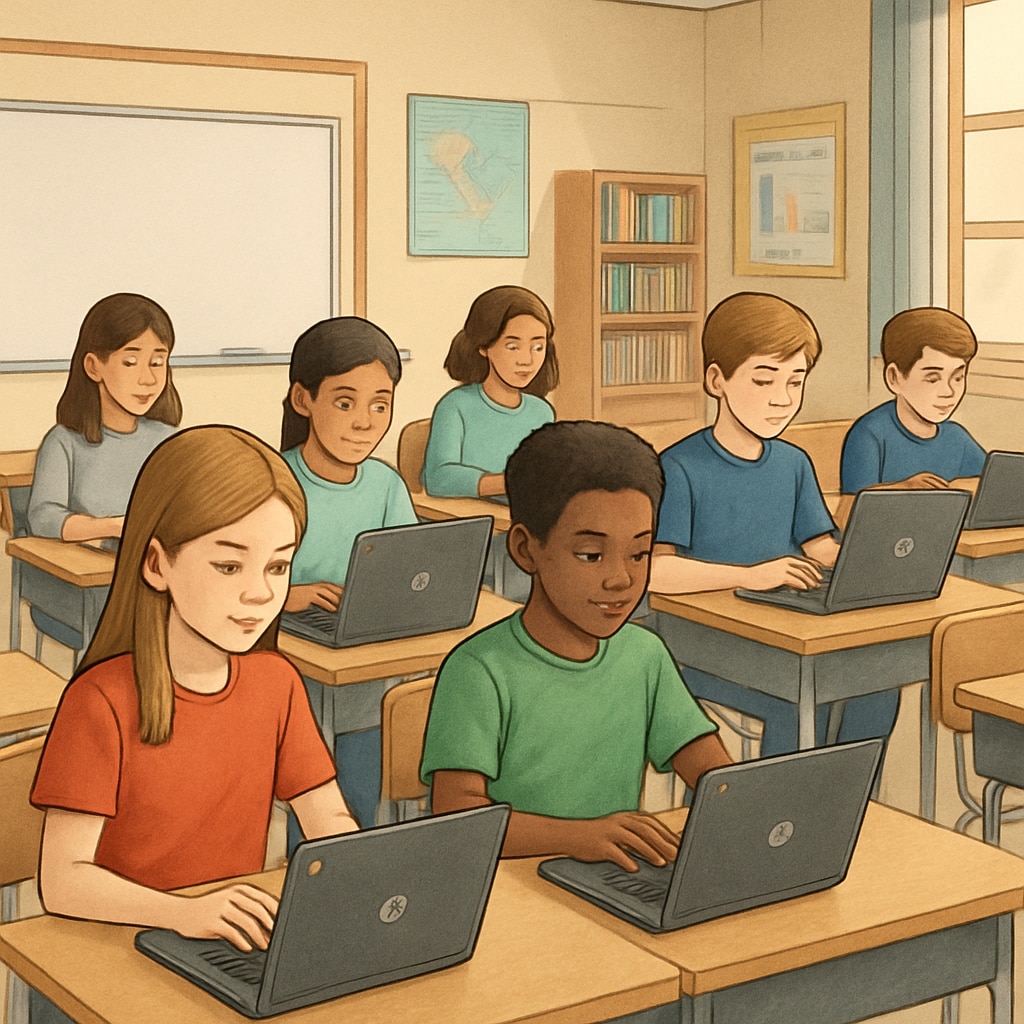 Students working on Chromebooks in a classroom setting.
