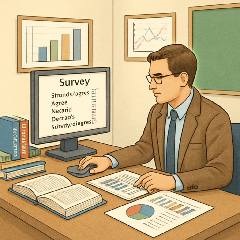 A researcher analyzing survey responses on a computer, representing the study's focus on real-world educational improvements. Researcher reviewing survey data to improve learning methods.