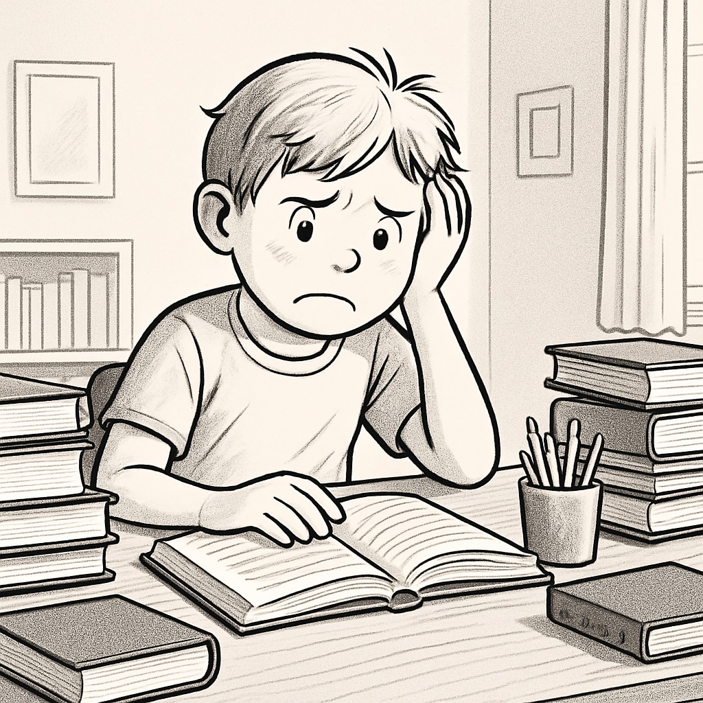 A frustrated child sitting at home with books, symbolizing the struggle of SEN students waiting for school placements. Special education needs student struggling due to school transfer delays.