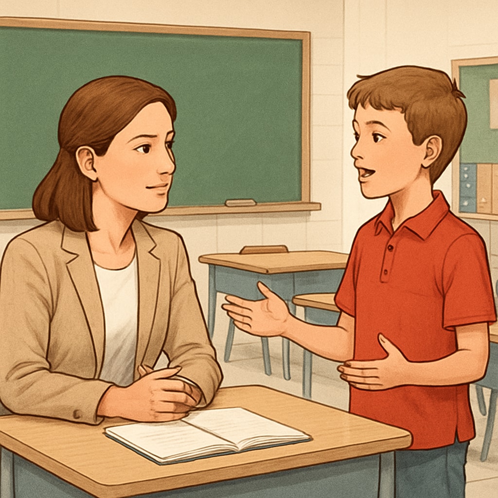 A classroom scene showing a teacher attentively listening to a student during a discussion. A teacher listening to a student in a classroom, emphasizing classroom interaction and respect.