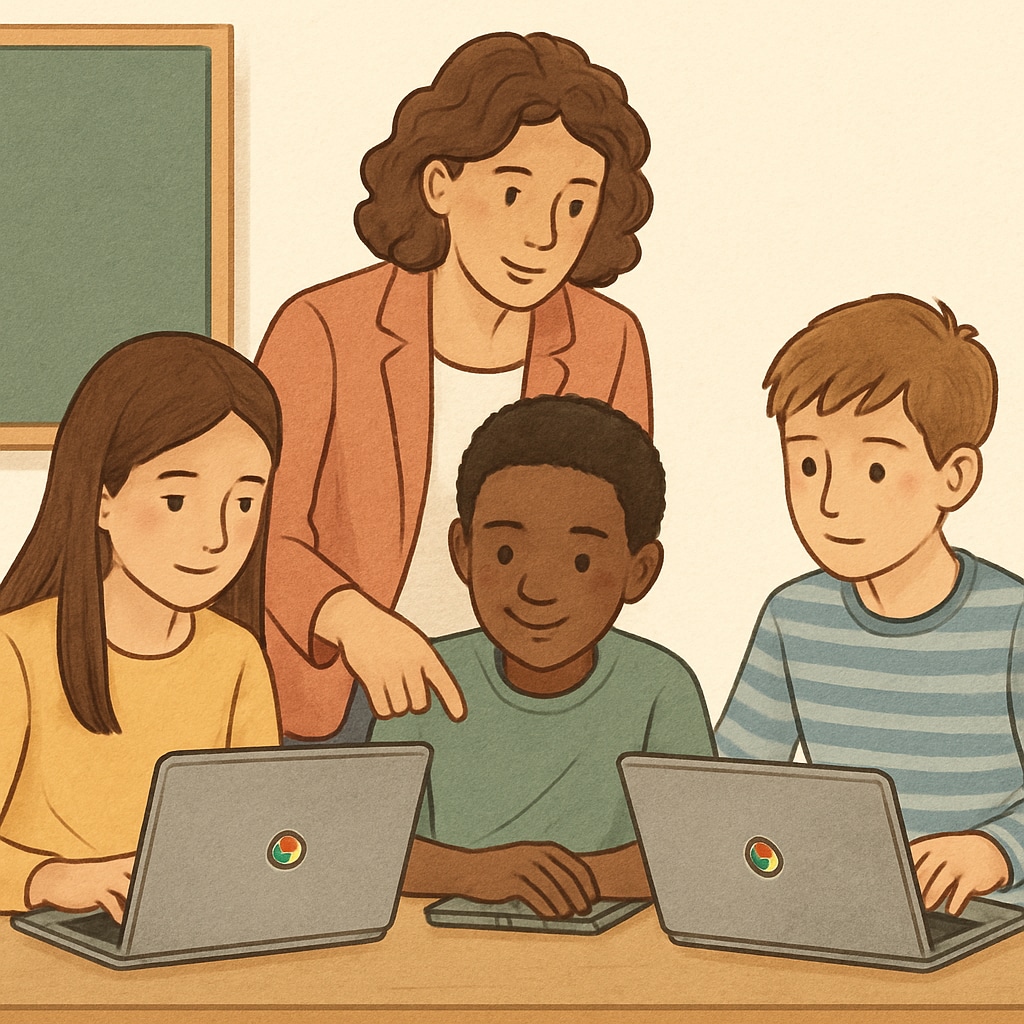 Teacher leading a group project with Chromebooks to encourage critical thinking.