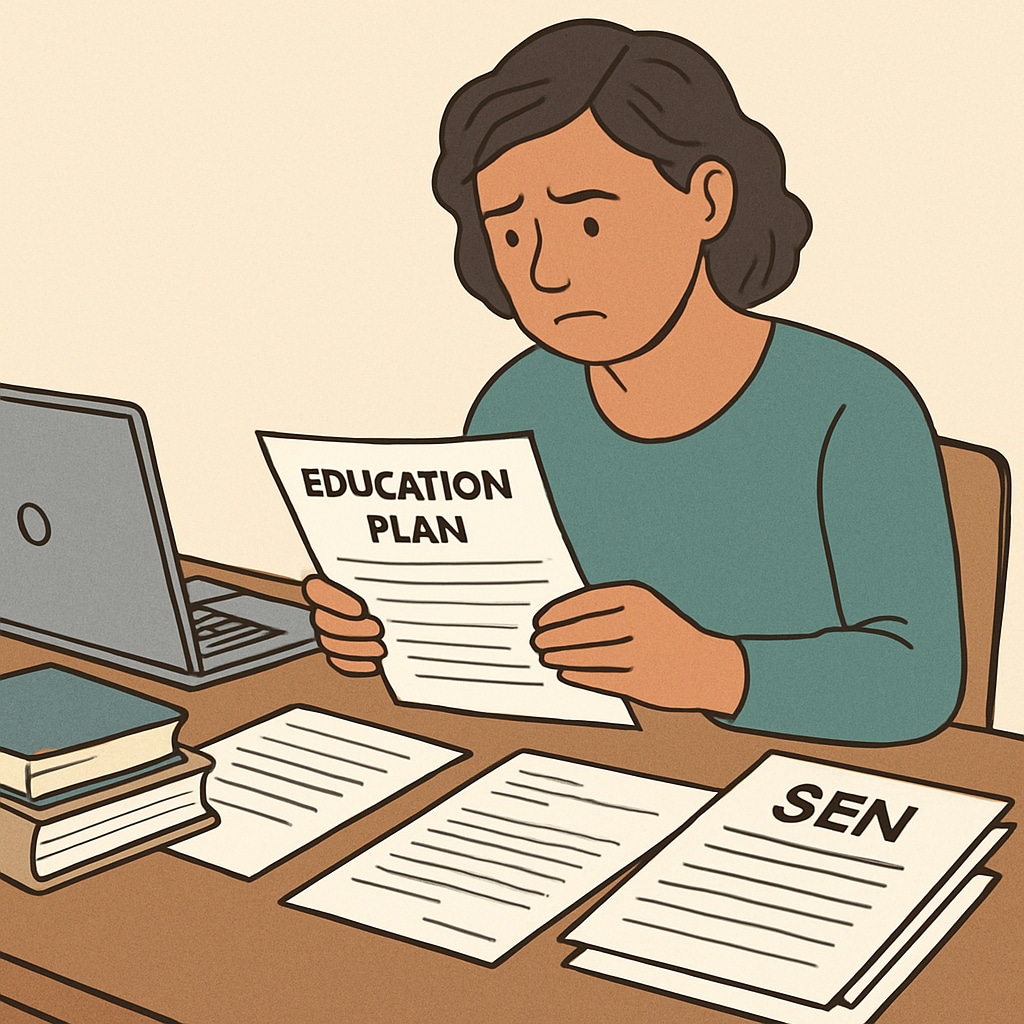 A parent reviewing educational documents, representing the administrative burden on families of SEN students. Parent managing paperwork for special education needs school transfer.