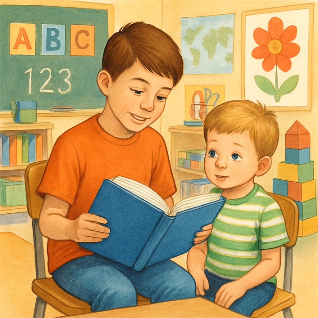A fourth-grader reading to a kindergartener in a colorful classroom setting, showcasing an interactive learning moment. Fourth-grader reading to a kindergartener, interactive partnership program.