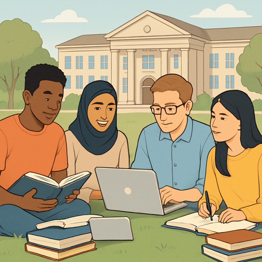 Diverse students studying together on a campus, representing education equity.