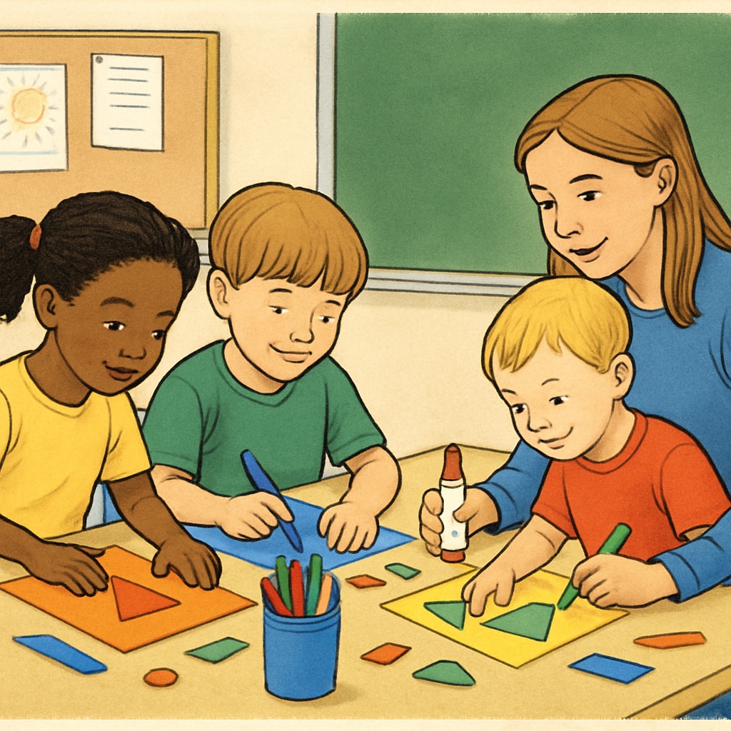 Kindergarten and fourth-grade students collaborating on an art project with colorful materials, fostering creativity and teamwork. Kindergarten and fourth-grade students working on an art project, creative collaboration.