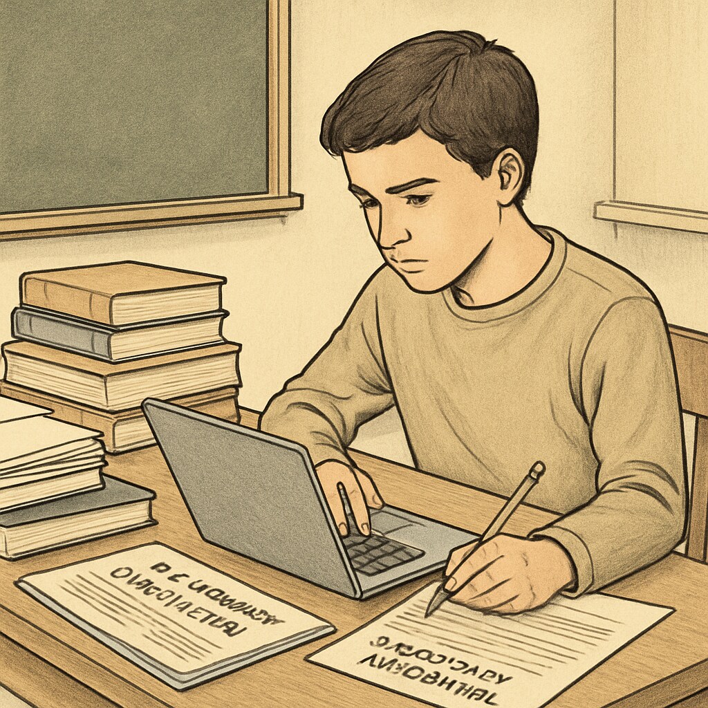 A student working on a laptop, surrounded by books, preparing a U.S. university application independently. Independent application for a U.S. master's degree process.
