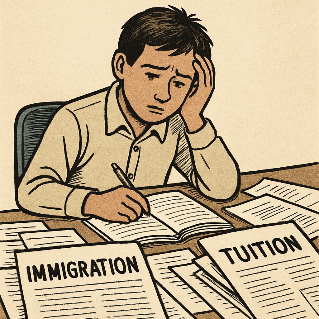 A student struggling with paperwork and financial challenges, highlighting tuition inequities.