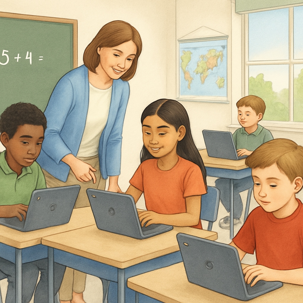 A classroom where students are engaged with Chromebooks, illustrating the integration of technology in education. Students using Chromebooks in a classroom, highlighting educational technology.