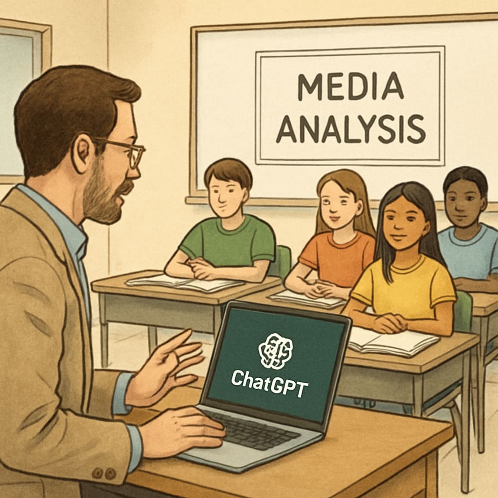 Teacher utilizing AI tools like ChatGPT to teach media literacy concepts in a classroom.