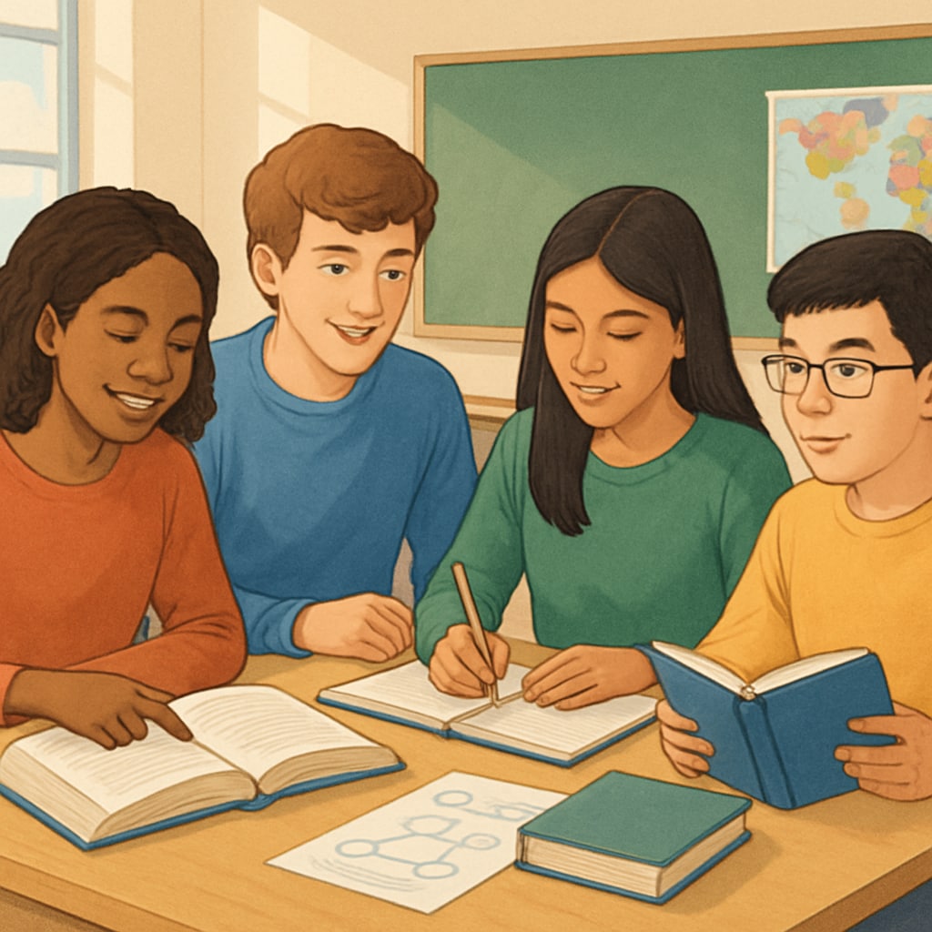 A diverse group of students studying together in a classroom, symbolizing collaborative learning methods. Students collaborating on study methods in a classroom setting.