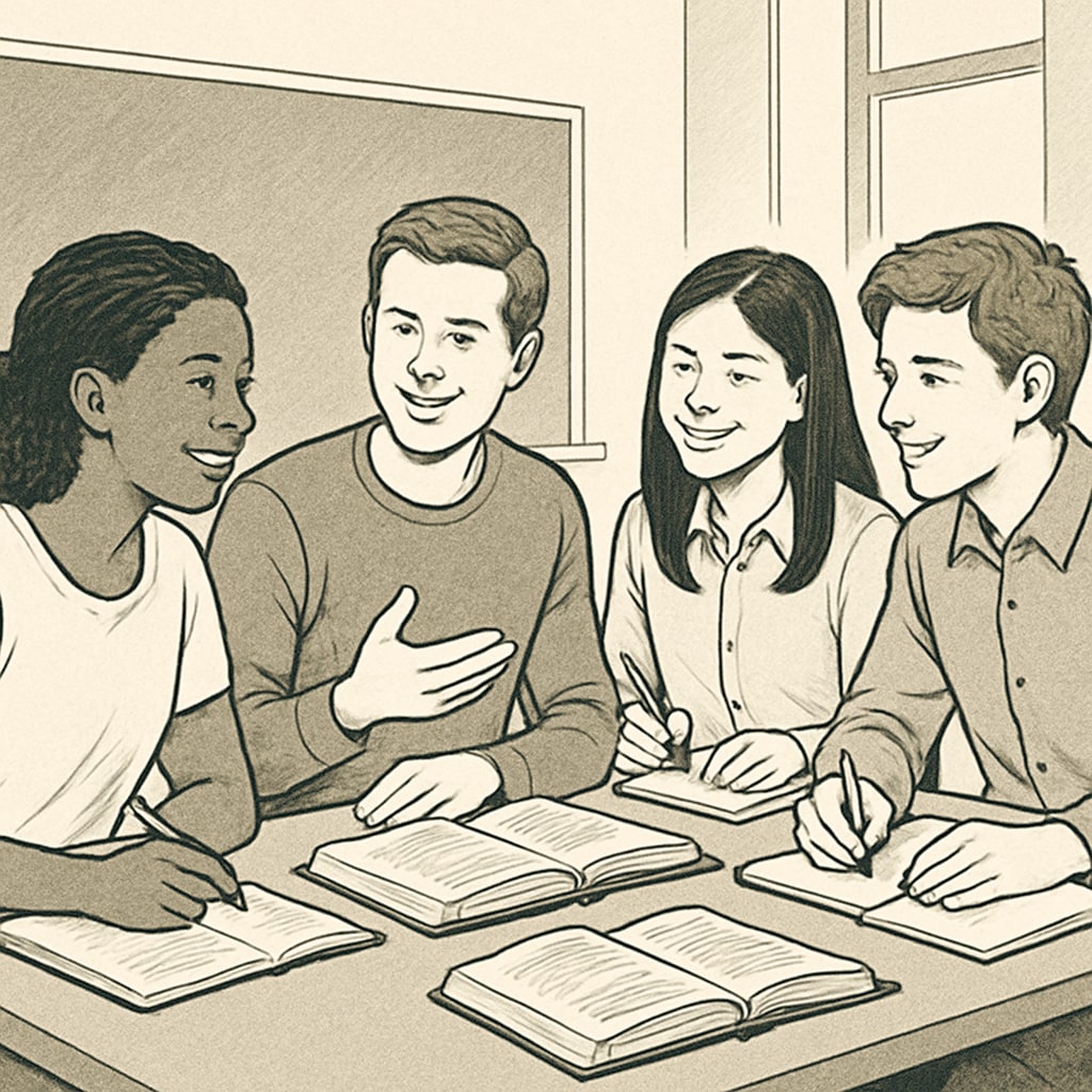 A student engaging in a group discussion with peers, showcasing the importance of offline cognitive development. Students discussing in a group, representing critical thinking beyond technology.