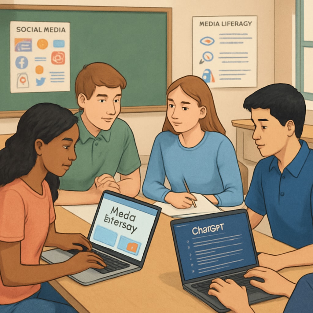 High school students collaborating on a media literacy project with AI tools.