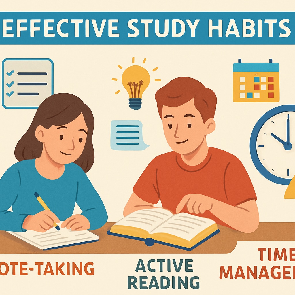 A colorful infographic displaying effective study habits, such as note-taking, active reading, and time management. Infographic showing effective study methods like time management and active reading.