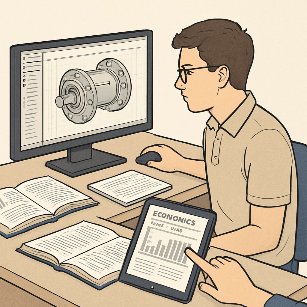 A mechanical engineering student working on a CAD software while reading materials for an online economics class. Mechanical engineering student combining technical and economics coursework for dual degrees.