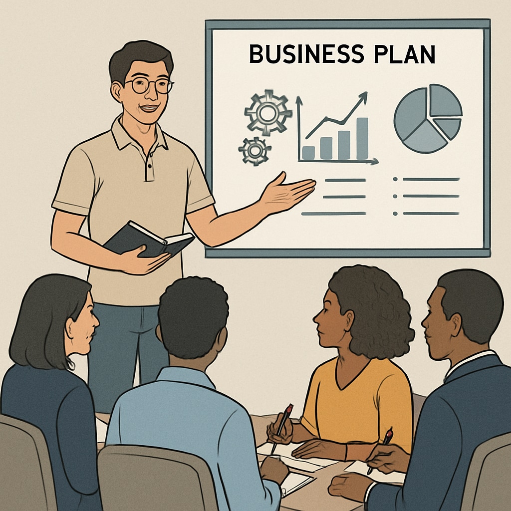 A mechanical engineering student presenting a business plan to a group, showcasing interdisciplinary skills gained through a dual degree program. Engineering student showcasing dual-degree skills through a business presentation.