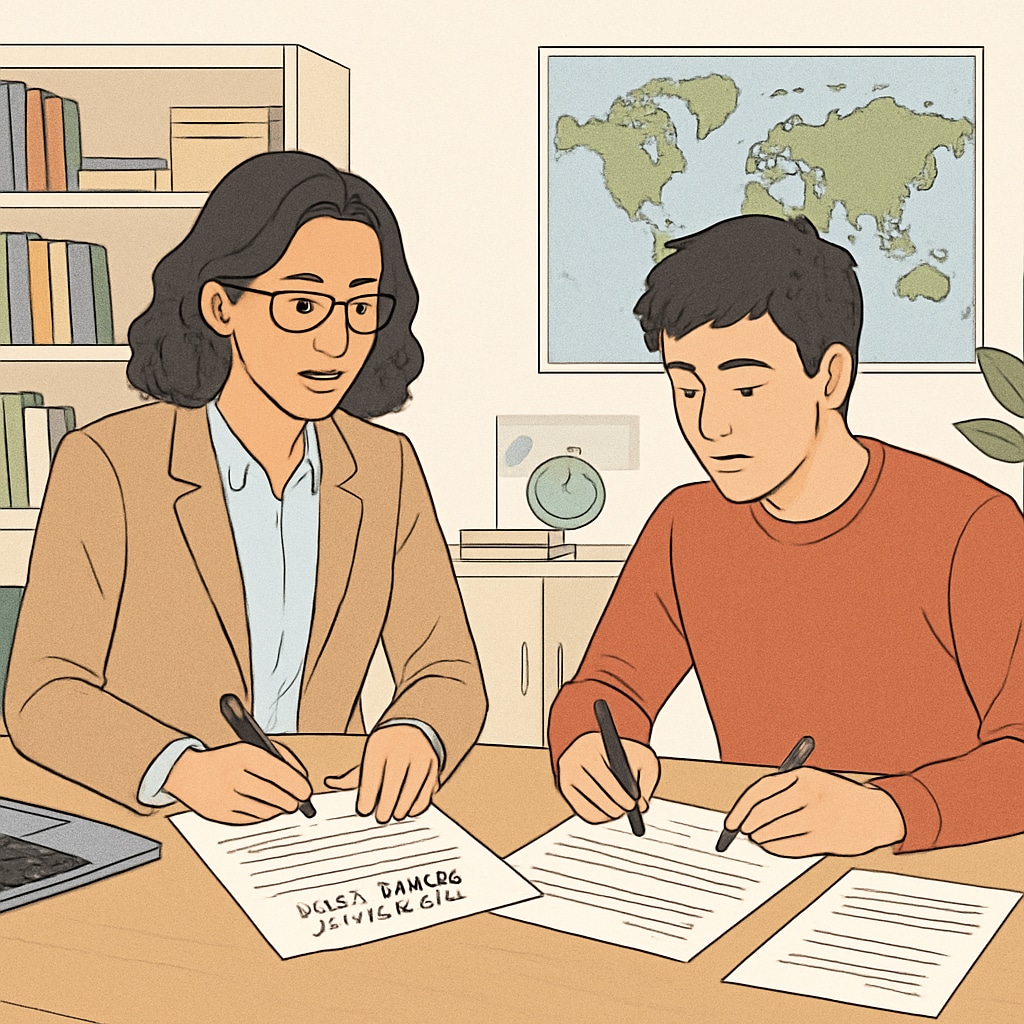 A professional counselor assisting a student with study abroad application paperwork. Counselor helping a student with U.S. study abroad applications.