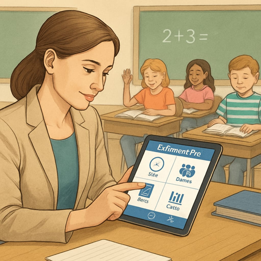 A teacher using EdChanger Pro on a tablet to manage classroom activities, seated at a desk with students in the background. Teacher utilizing EdChanger Pro to streamline classroom management.