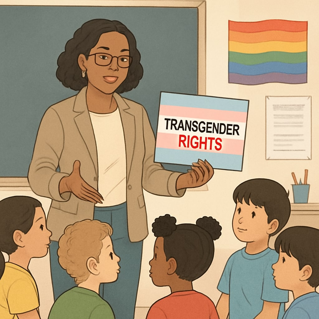 An educator working with young students in a classroom, showcasing diversity and inclusivity to reflect support for transgender student rights. Educator fostering inclusivity in a diverse classroom setting.