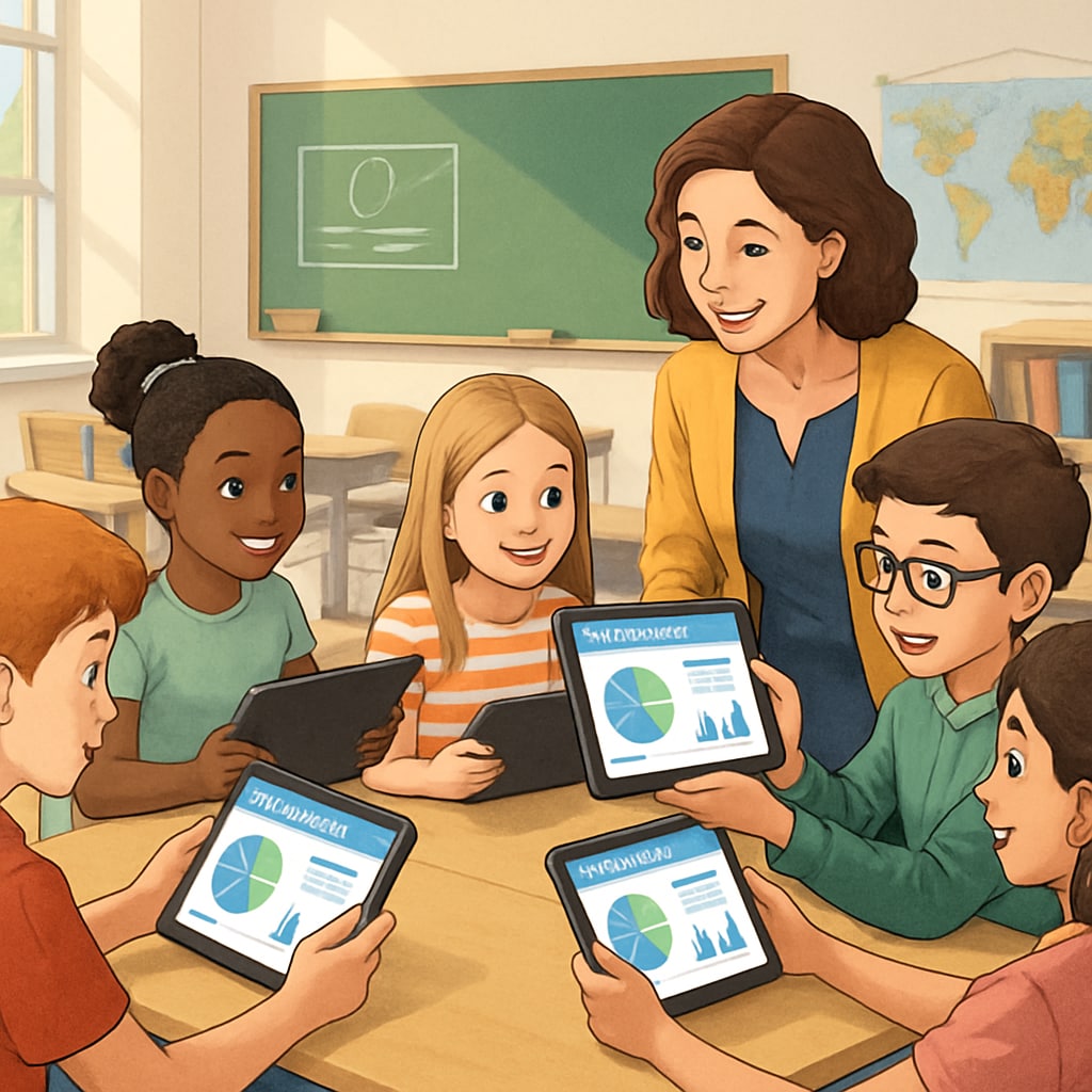 A lively K12 classroom where students and the teacher are using tablets with EdChanger Pro for a group activity. Students and teacher engaging with EdChanger Pro for interactive learning.