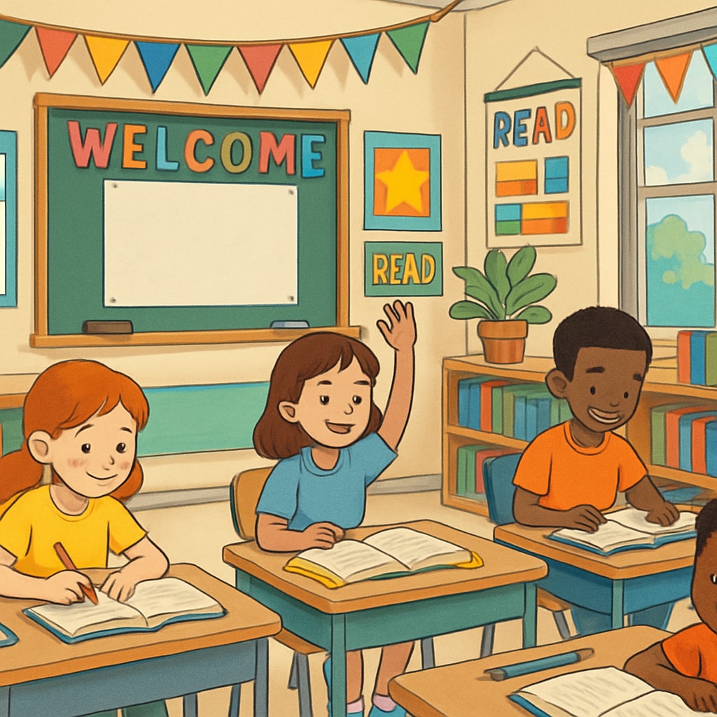 A welcoming and vibrant classroom environment with colorful decorations and engaged students. This image emphasizes the importance of a conducive learning environment. A colorful and engaging classroom with students and teachers interacting positively.
