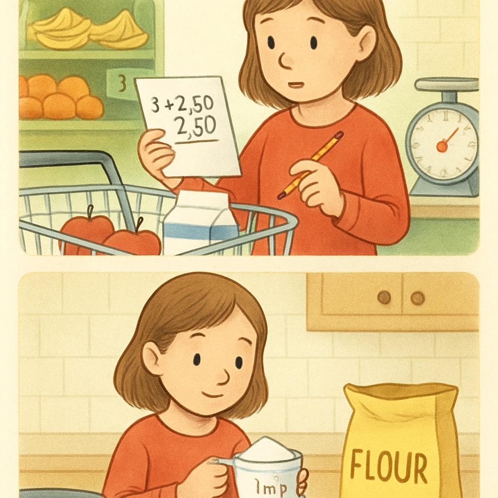 A child solving math problems in a real-life context, such as calculating grocery costs or measuring ingredients. A child applying math skills to real-life scenarios like budgeting or cooking.