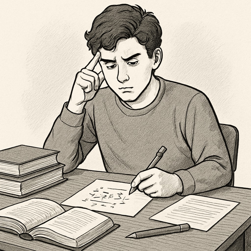A conceptual image of a student contemplating a complex problem without the use of digital tools, representing the importance of critical thinking. A student thinking deeply without relying on digital tools, emphasizing critical thinking.