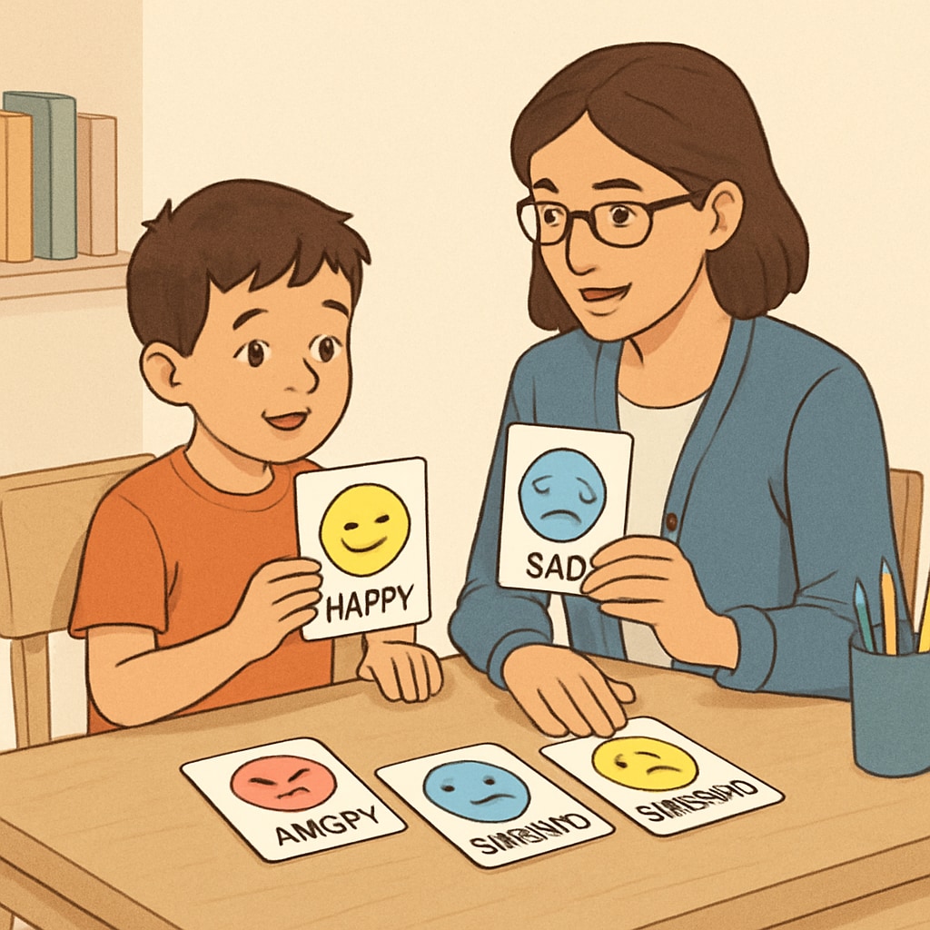 A child learning about emotions through interactive flashcards, sitting at a table with a parent or teacher guiding them. Child learning emotions with flashcards as part of emotional education.