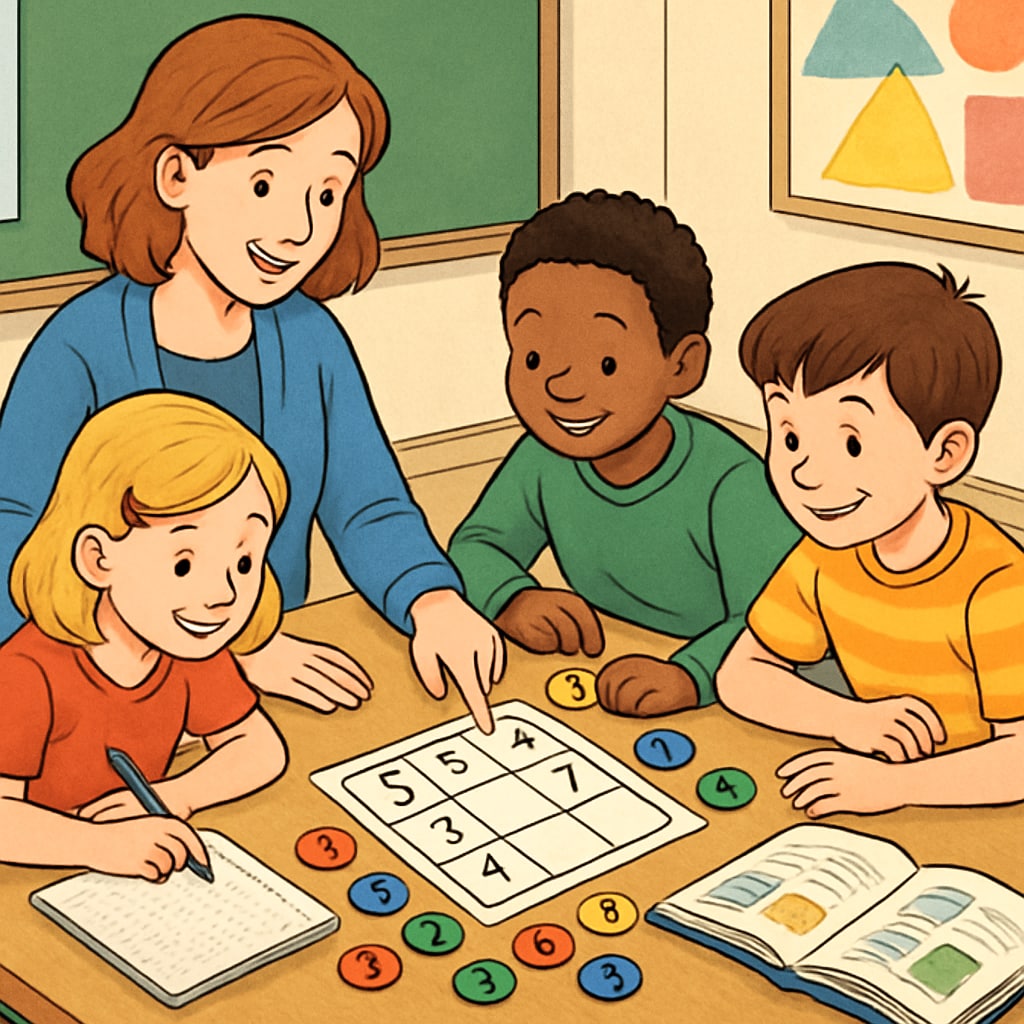 A teacher guiding children through a fun math puzzle-solving activity with colorful materials. Children engaging in a hands-on math activity to develop problem-solving skills.