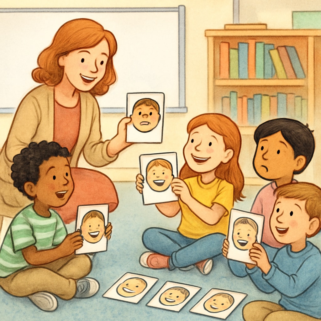 A classroom setting where children are participating in a group activity focused on identifying emotions using illustrated cards. Children in a classroom learning emotional management through group activities.