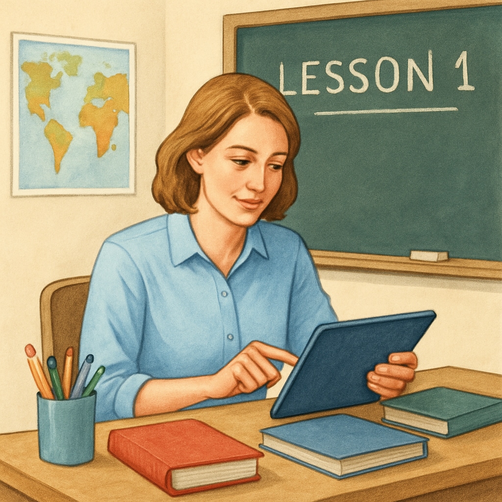 A teacher using a tablet to plan lessons in a classroom setting. The image depicts technology integration in teaching. Teacher using a tablet for lesson planning in the classroom.