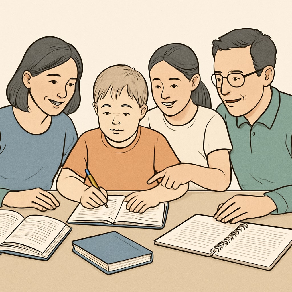A supportive family sitting together with educational materials, representing collaboration in special education. Family working together to support executive function and special education needs.