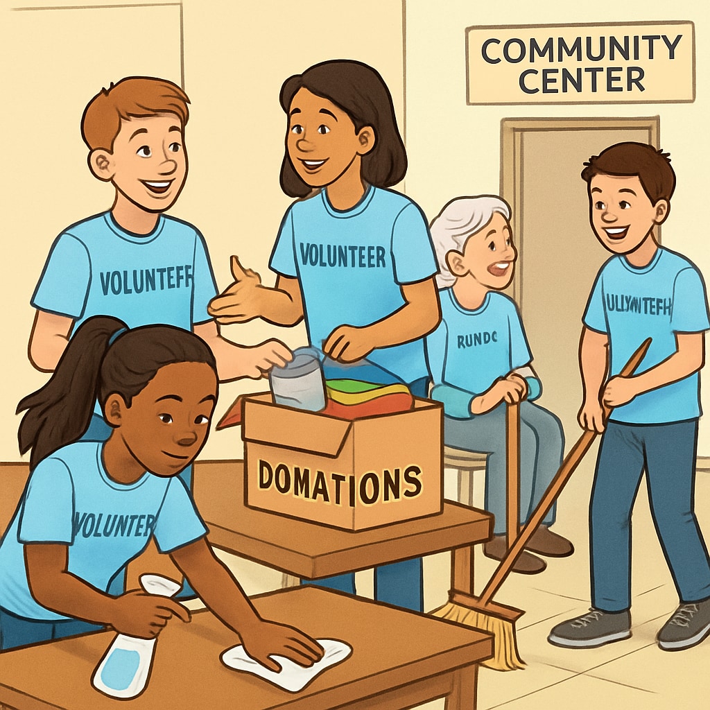 A group of students volunteering at a community center, showcasing leadership and teamwork skills. Students volunteering to develop leadership and teamwork skills for U.S. graduate admissions.