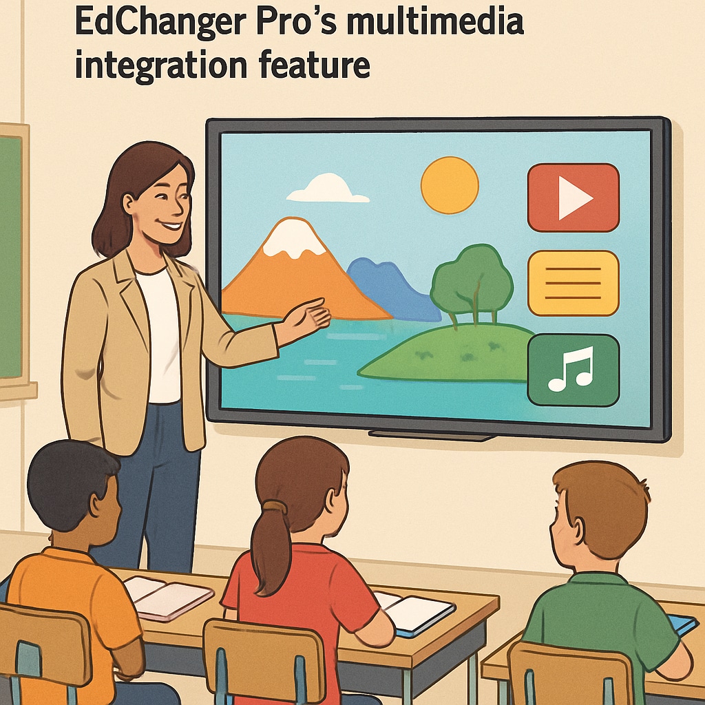 A teacher showing multimedia content to students on an interactive smartboard. The image illustrates the use of EdChanger Pro’s multimedia integration feature. Multimedia lesson displayed on an interactive smartboard in a classroom.