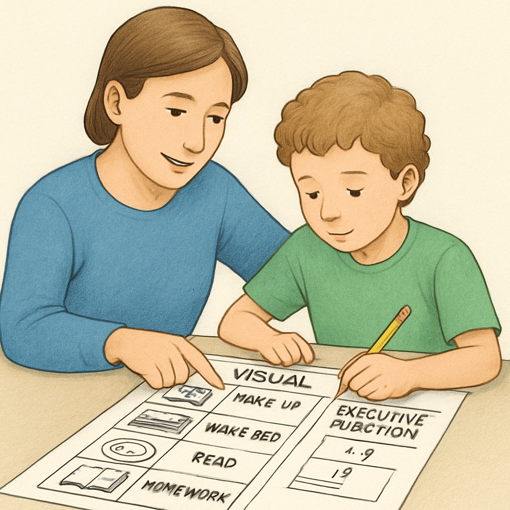 A parent and child working together on a visual schedule, emphasizing executive function support. Parent helping child with ADHD use a visual schedule for executive function improvement.