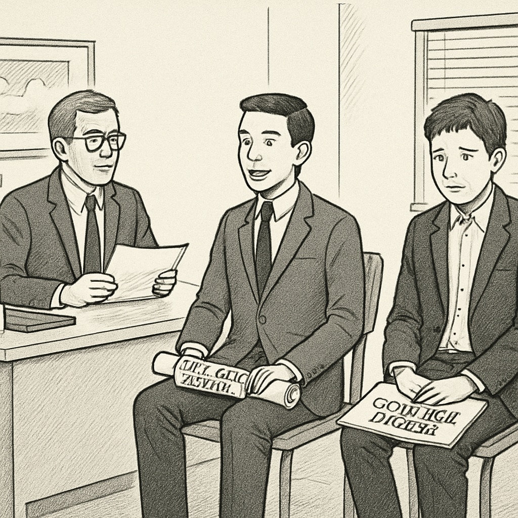 A professional setting where a college graduate is overshadowed by a high school diploma holder during a job interview. College graduate overshadowed by a high school diploma holder in job qualification.