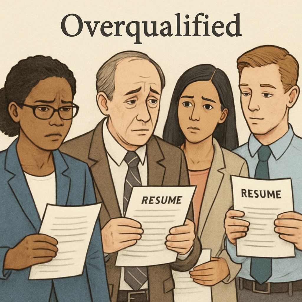 A diverse group of job seekers holding resumes, with a focus on the challenges faced by overqualified applicants. Diverse job seekers highlighting challenges faced by overqualified individuals.