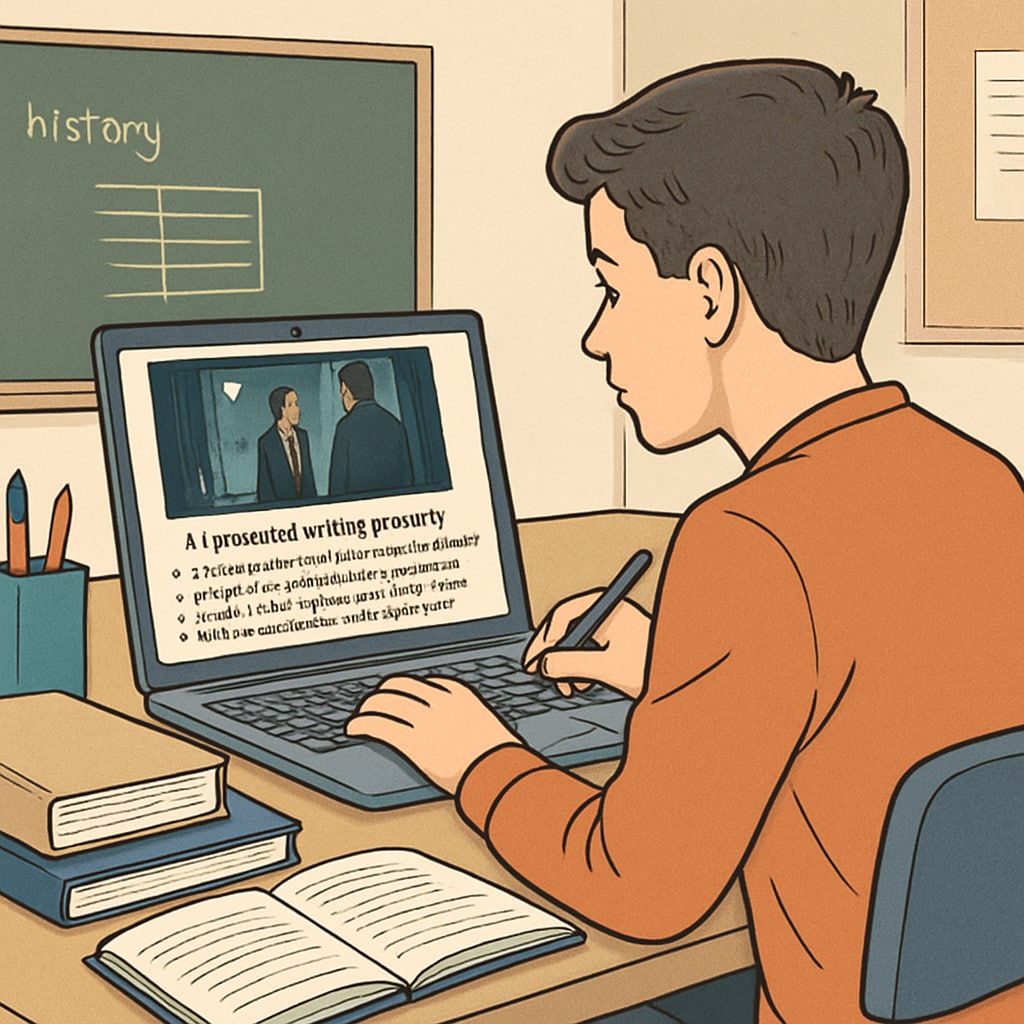 Student analyzing film scenes with AI-generated writing prompts on laptop