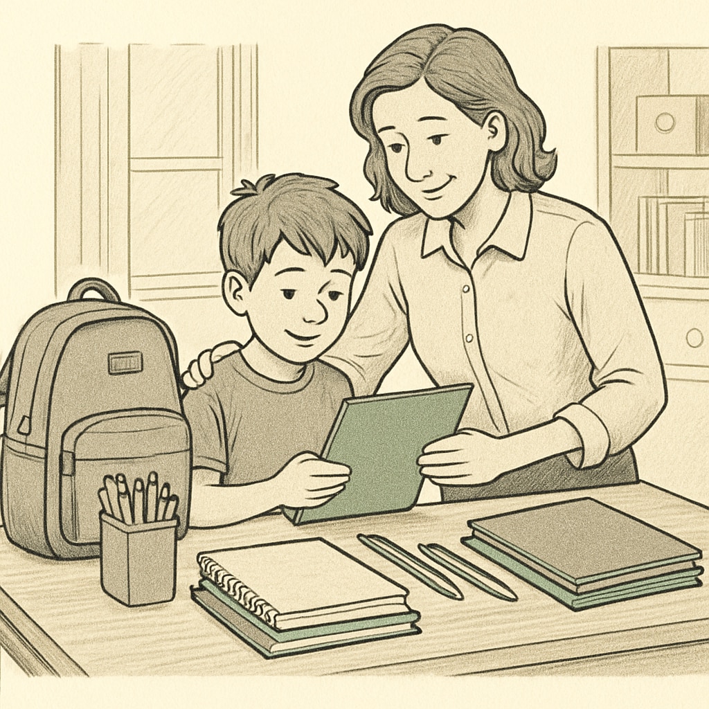 A supportive parent helping their child with ADHD organize school supplies at home. Parent assisting ADHD child in organizing school materials for better executive function.