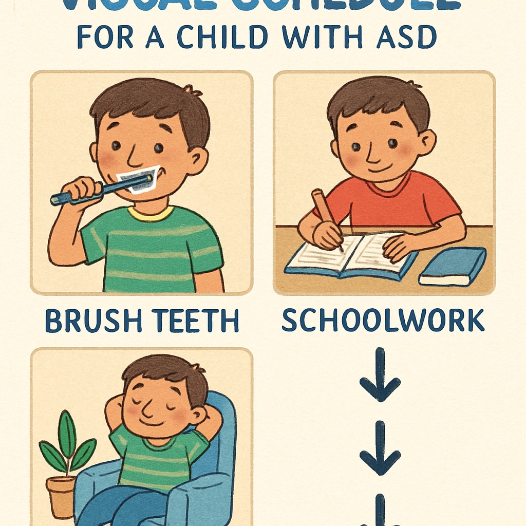 An example of a visual schedule designed for a child with ASD—includes tasks like brushing teeth, completing schoolwork, and relaxing. Visual schedule for ASD child showing structured daily tasks for improved executive function.