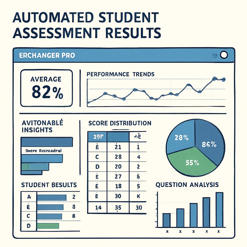 A digital dashboard showcasing automated student assessment results via EdChanger Pro, highlighting performance trends and actionable insights. The image emphasizes the efficiency and accuracy of automated assessment tools. EdChanger Pro displaying automated student performance analytics