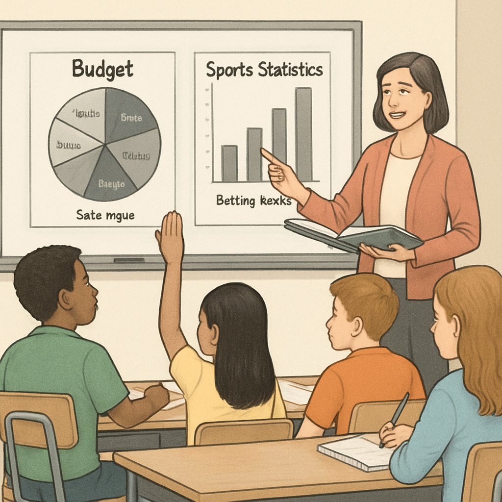 A teacher demonstrating real-life applications of math, such as budgeting or sports statistics, to a group of engaged students. Teacher explaining real-world math applications to students.