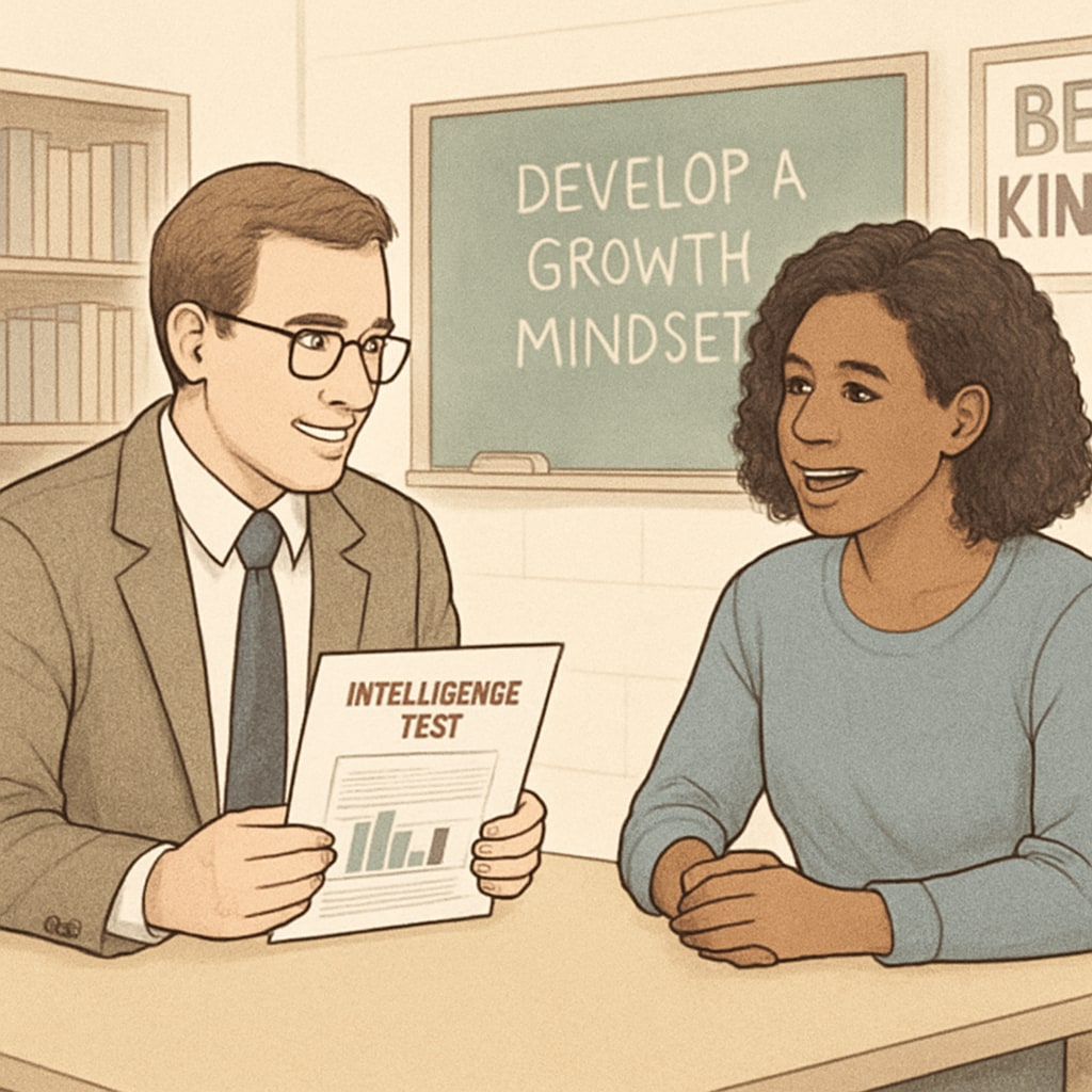A teacher discussing intelligence test results with a parent, highlighting collaboration in child development. Teacher and parent reviewing child intelligence test results together.