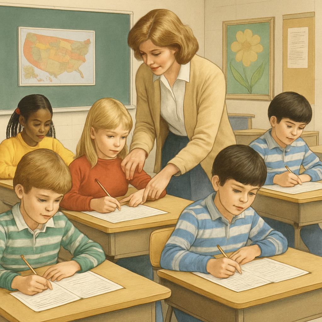 A classroom setting from the 1980s, showing children working on worksheets inspired by the 1980s classroom with children using