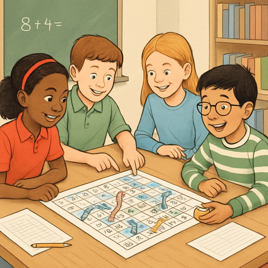 Students engaged in a group activity or math-based game, smiling and actively participating in a classroom setting. Students learning math through interactive games and group activities.