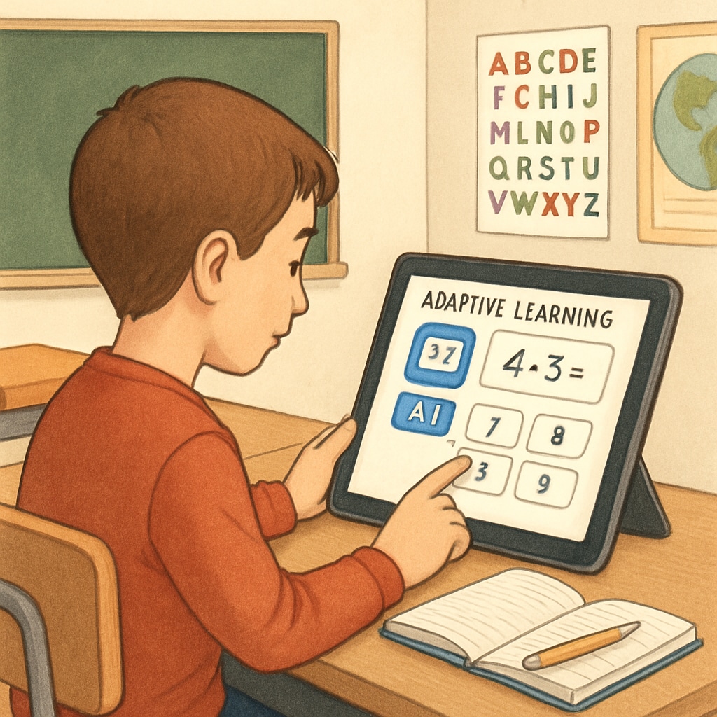 A student using an AI-powered adaptive learning platform on a tablet in a classroom setting. A student engaging with an AI-powered platform, showcasing personalized learning.