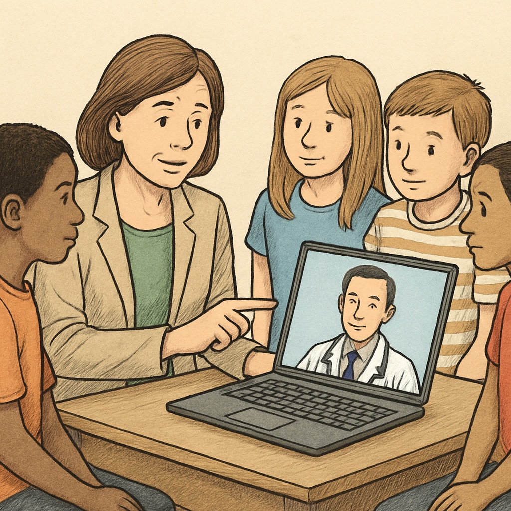 A teacher guiding students through a virtual doctor interview using a laptop during a career exploration workshop. Students engaging in a virtual doctor interview as part of medical career surveys.